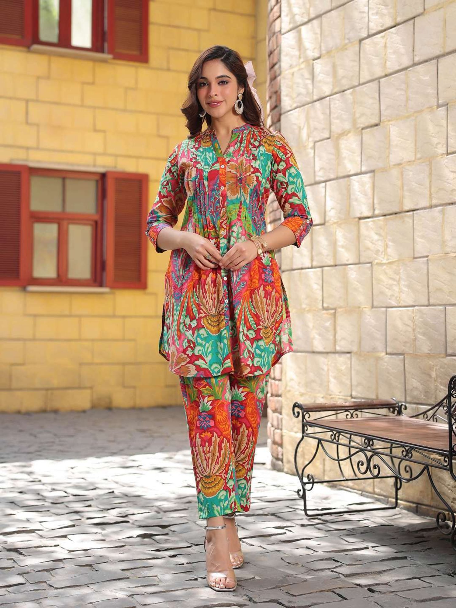 Rain and Rainbow Multicolored Cotton Printed Tunic & Pant Set