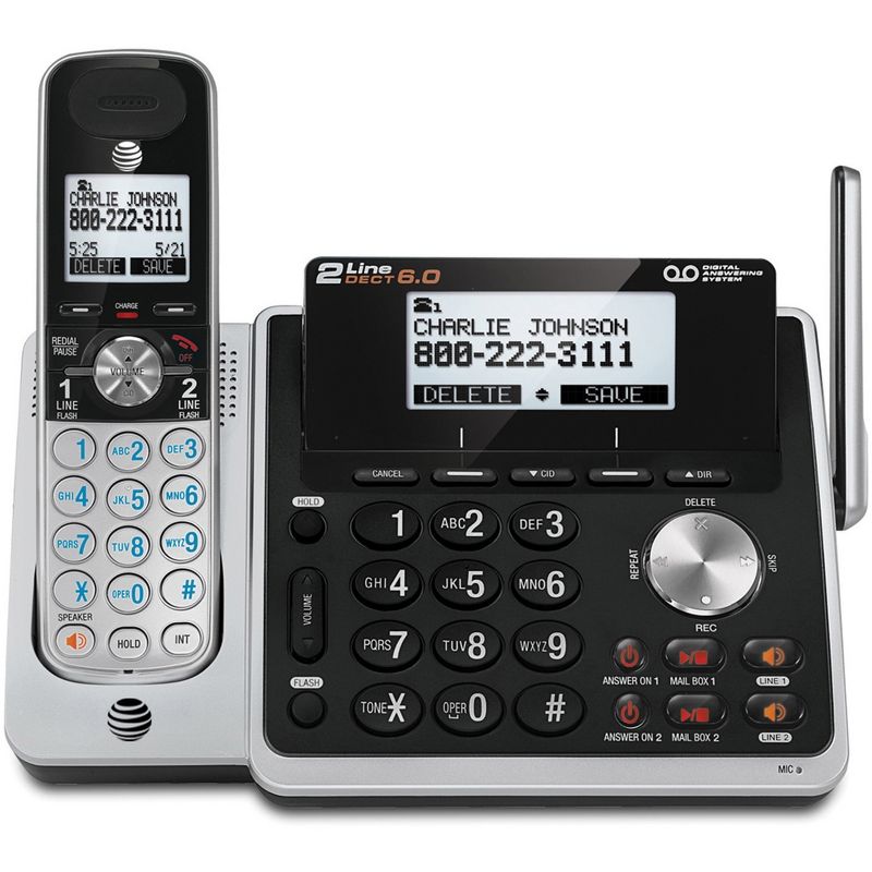 AT&T TL88102 DECT 6.0 2-Line Expandable Corded/Cordless Phone with Answering System, Silver/Black, 1 Handset - 2 x Phone Line - Speakerphone