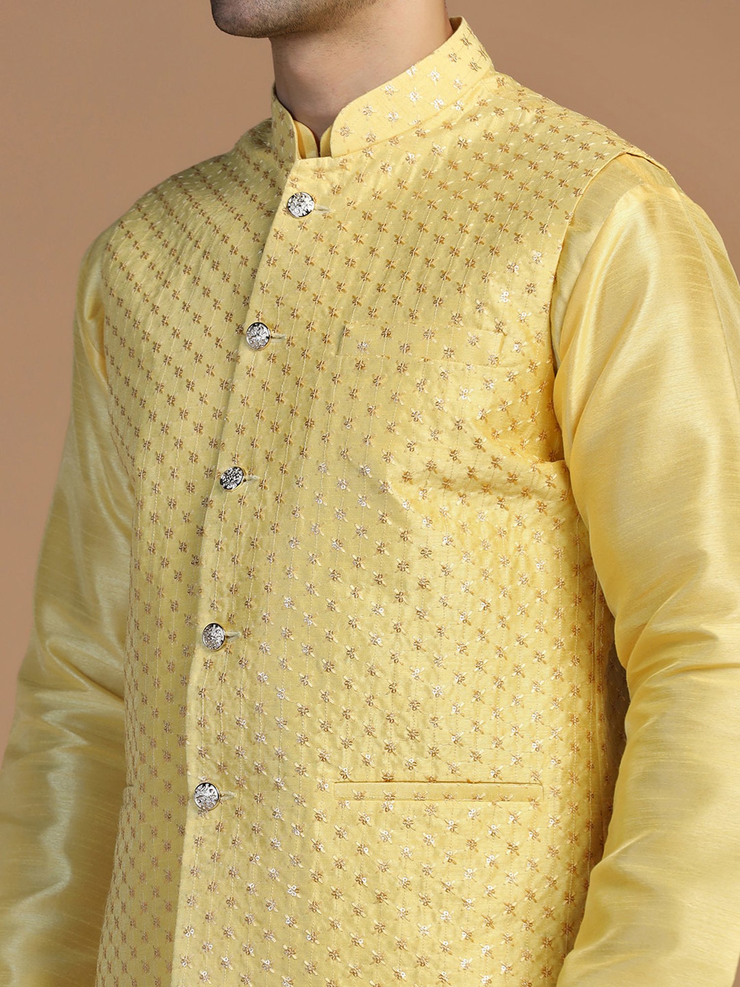 TAHVO Yellow Regular Fit Embroidered Nehru Jacket