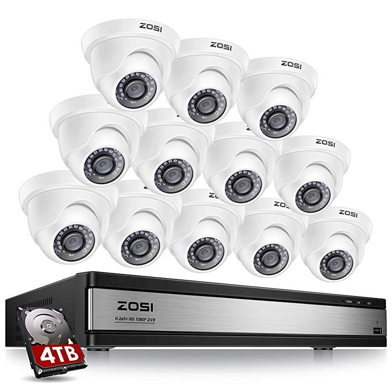 H.265+ 1080p 16 Channel Security Camera System,16 Channel CCTV DVR with Hard Drive 4TB and 12 x 1080p Indoor Outdoor Dome Camera, 80ft Night Vision, 105&deg; View Angle, Remote Control, Alert Push