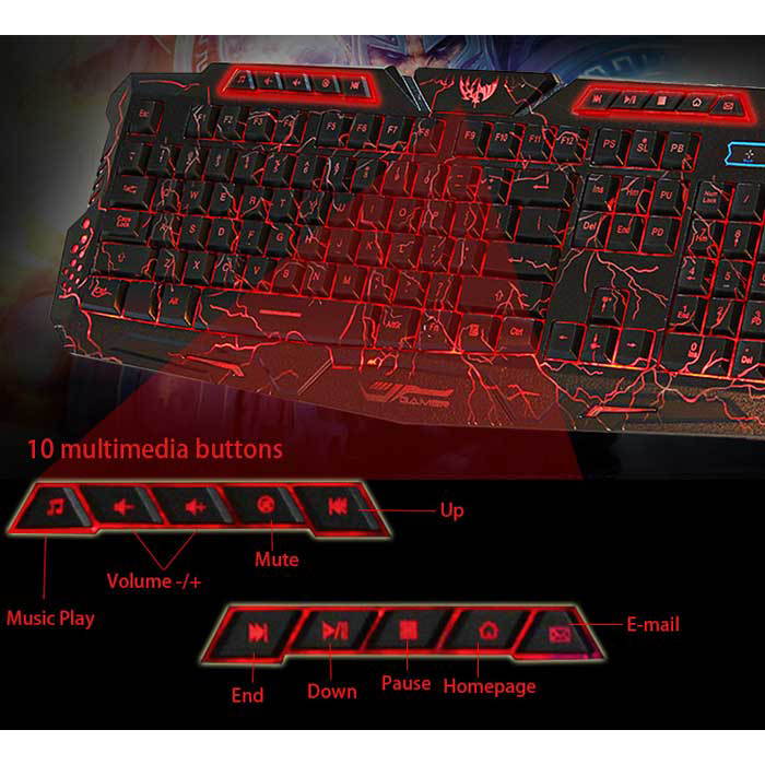 A878 114-Key LED Backlit Wired USB Gaming Keyboard with Cracking Pattern Black