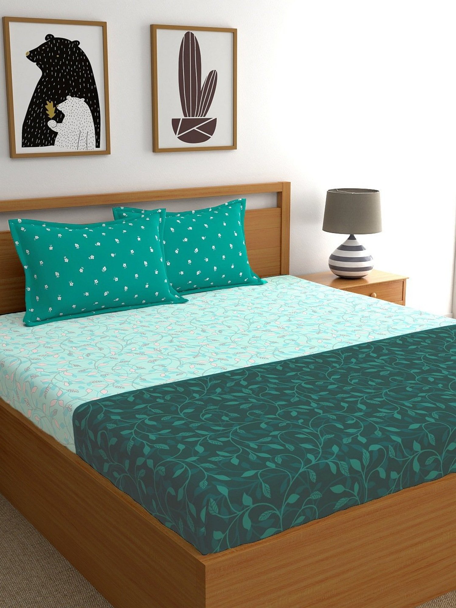 My Room Floral Teal Green 140 TC Cotton Queen Bed Sheet with 2 Pillow Covers