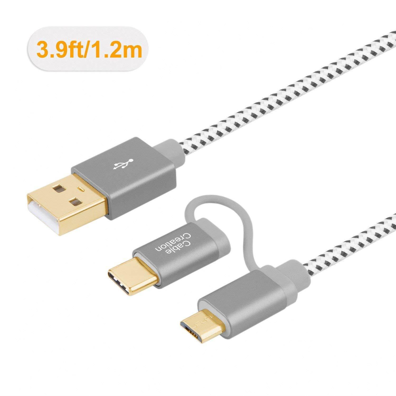 2 in 1 USB C Cable, CableCreation 0.8ft Braided USB C and Micro USB to USB A Fast Charge Cord, Compatible with Sumsang Note 8, Pixel XL, Android & USB-C Devices, 0.25 M/Space Gray Aluminum Case