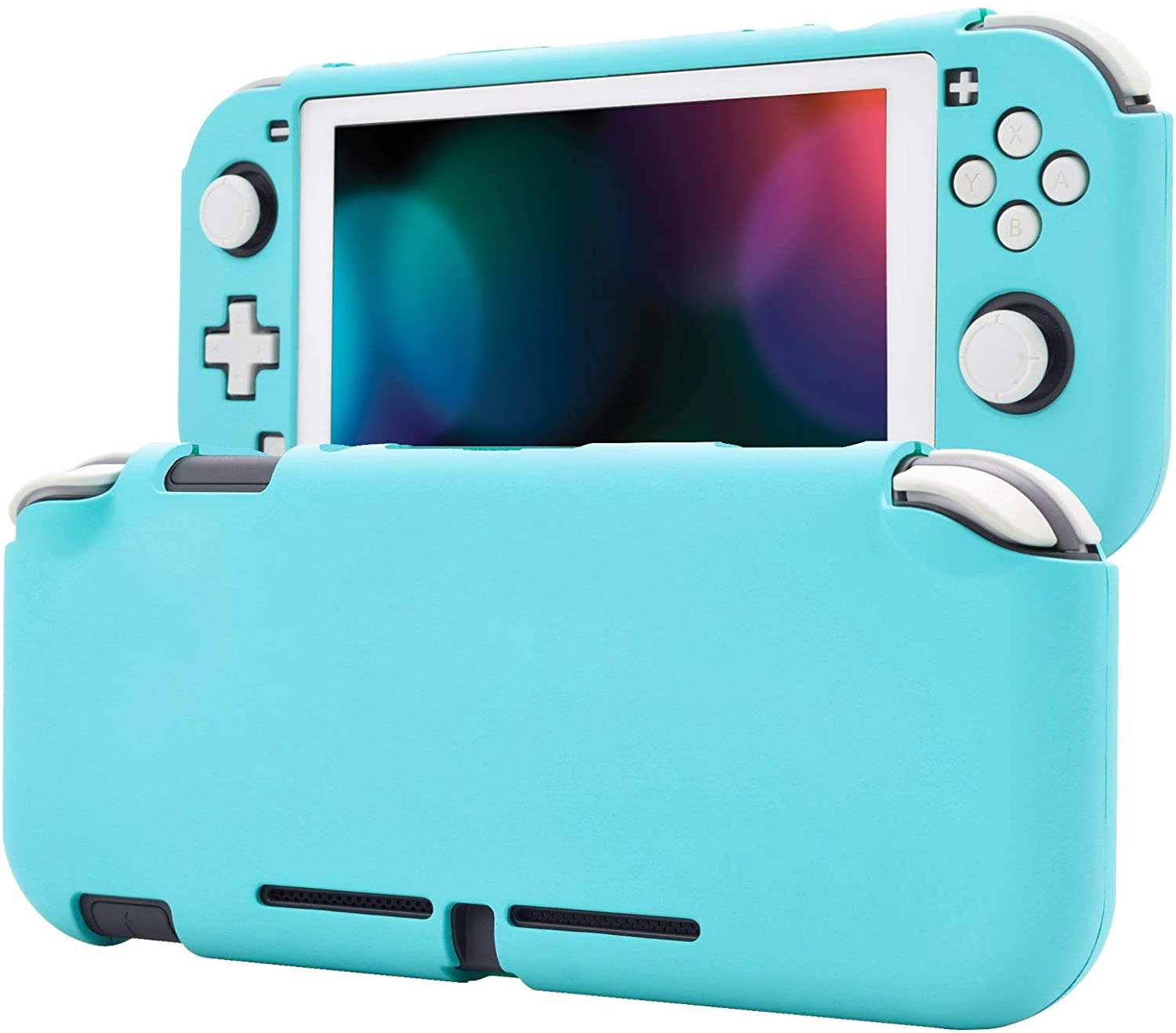 eXtremeRate PlayVital Customized Protective Grip Case for Nintendo Switch Lite, Heaven Blue Hard Cover Protector for Nintendo Switch Lite - 1 x White Border Tempered Glass Screen Protector Included