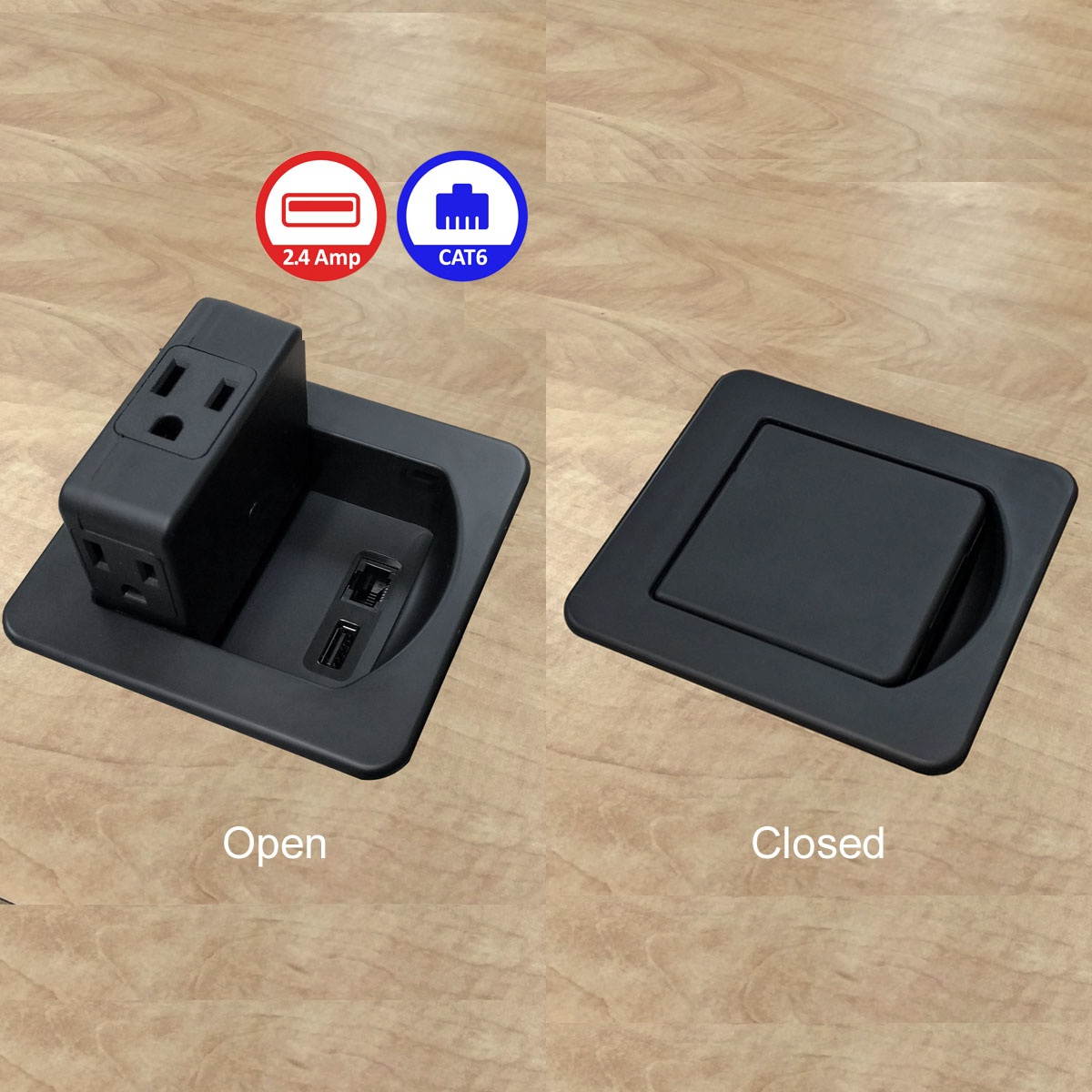 Electriduct Flip Top Mini In-Desk Power & Data Center with AC Power, USB Charging, and CAT6 Pass-Through for Home and Office