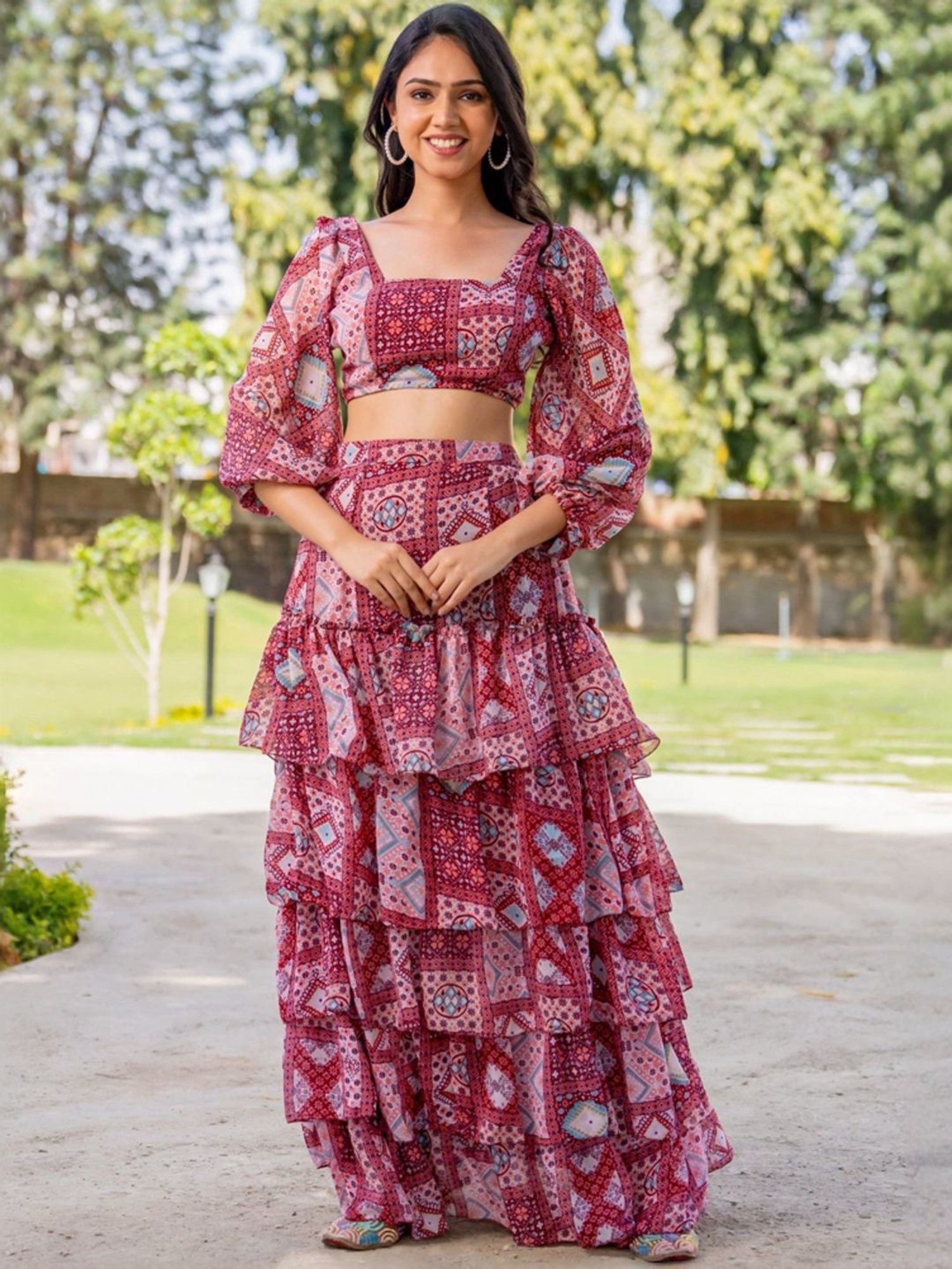 HOUSE OF JAMOTI Purple Printed Crop Top Skirt Set