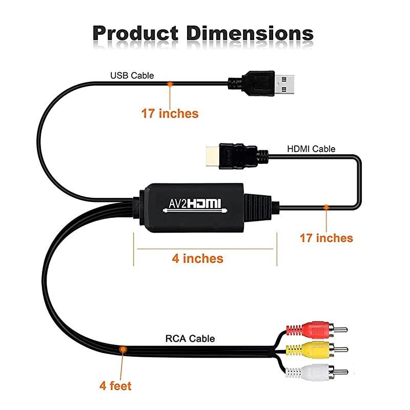 RCA to HDMI Converter Cable,  AV to HDMI Adapter Cable Cord, 3RCA CVBS Composite Audio Video in to 1080P HDMI Out Supporting PAL NTSC for Wii VHS VCR Camera DVD (RCA to HDMI - Kit-Black)