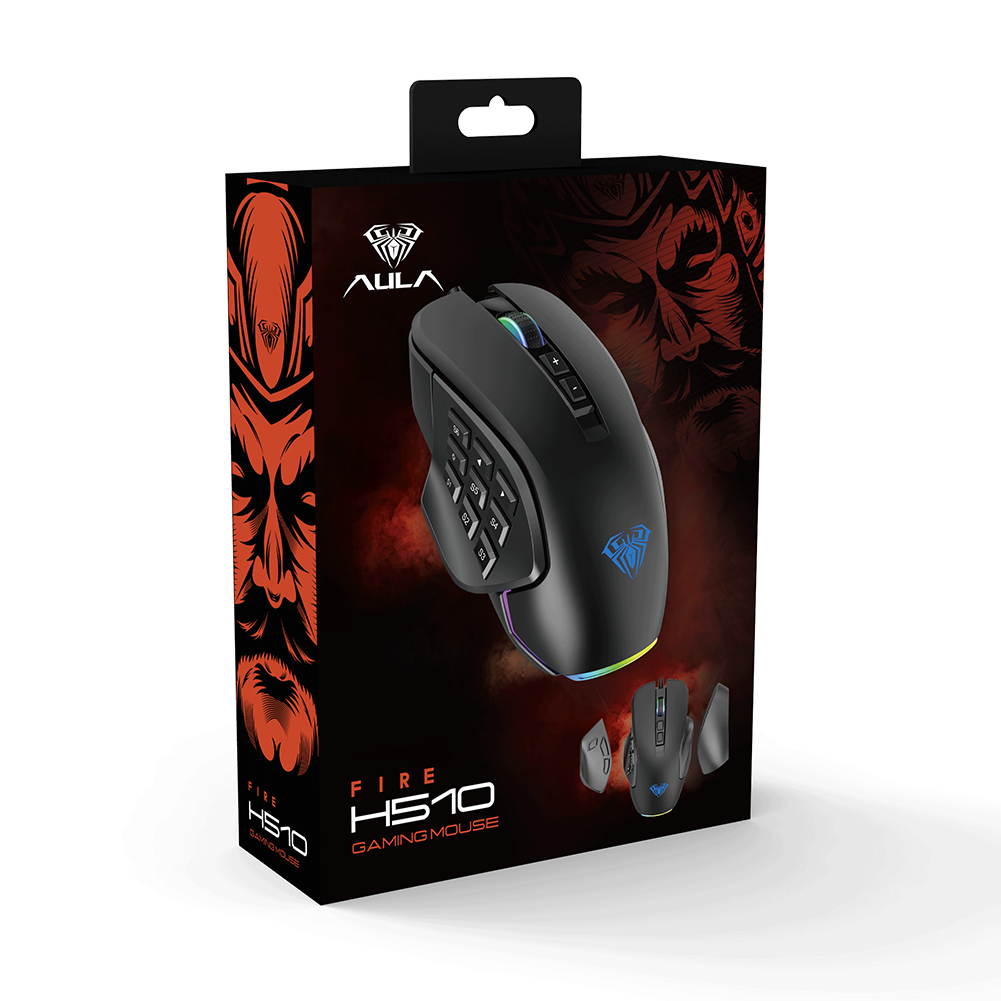AULA H510 RGB Wired Gaming Mouse 10000 DPI Side Buttons Macro Programmable Gamer Mice For Laptop Desktop PC, 2 Sets Replaceable Accessories
