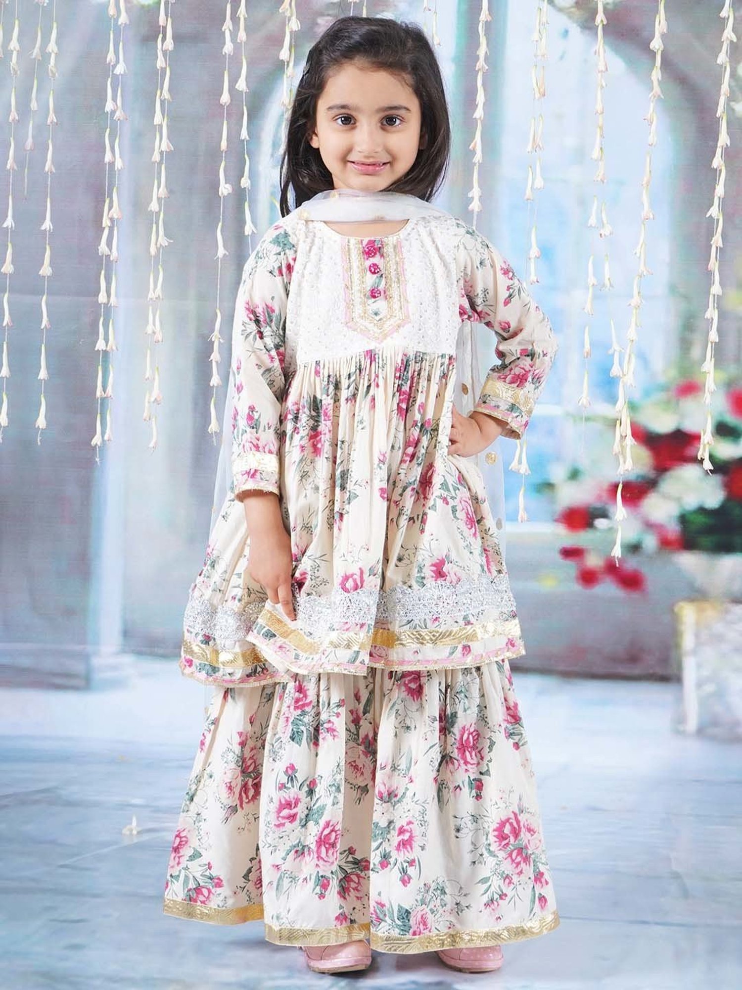 Little Bansi Cream & Pink Cotton Floral Print Kurta Set