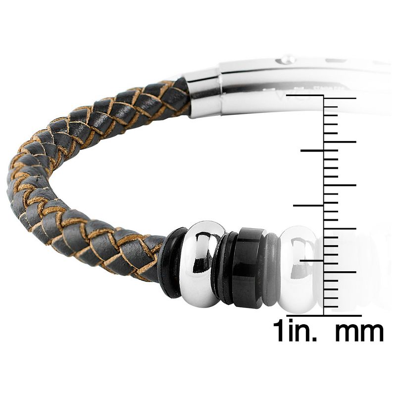 Men's West Coast Jewelry Stainless Steel Brown Leather Braided and Beaded Bracelet