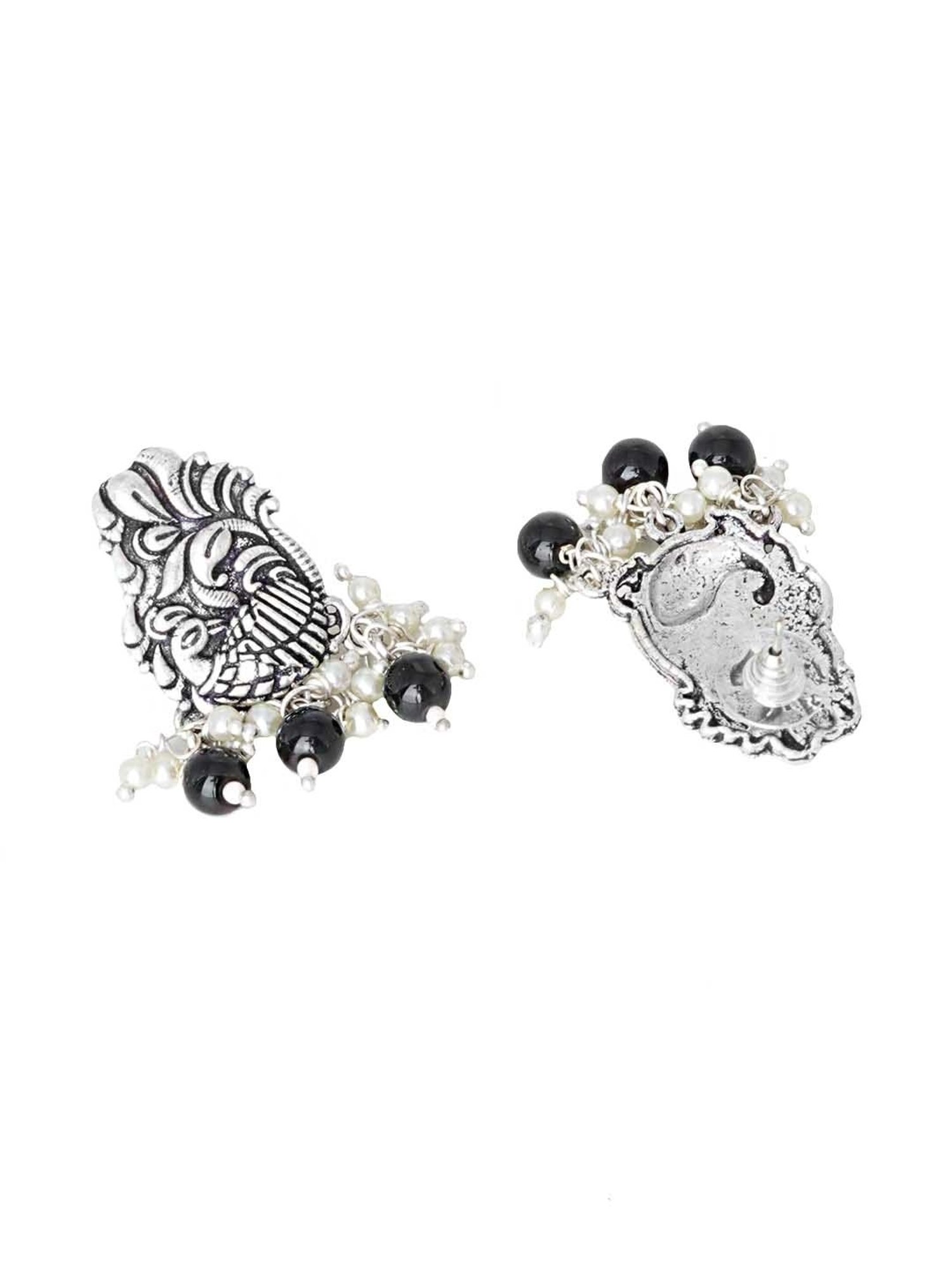 Teejh Ethnic Darshika Silver Oxidized Pearl and Black Stones Choker Necklace Set for Women