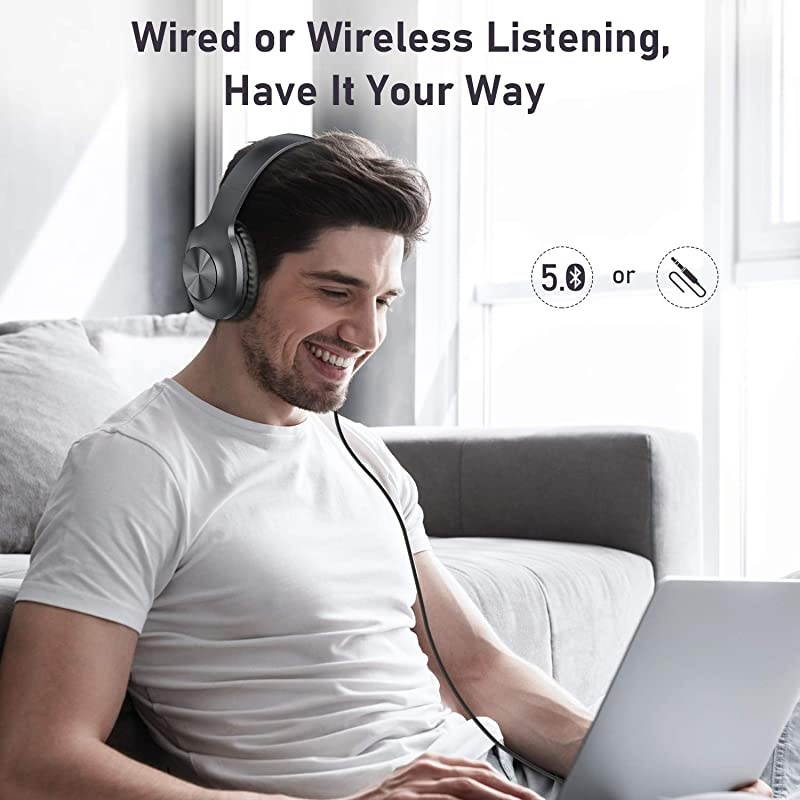 Bluetooth Headphones, 100 Hours Playtime Bluetooth 5.0 Headphones Over Ear with Deep Bass, Hi-Fi Sound and Soft Earpads, Built-in Mic, Wired/Wireless Headset for Home Office-Gray