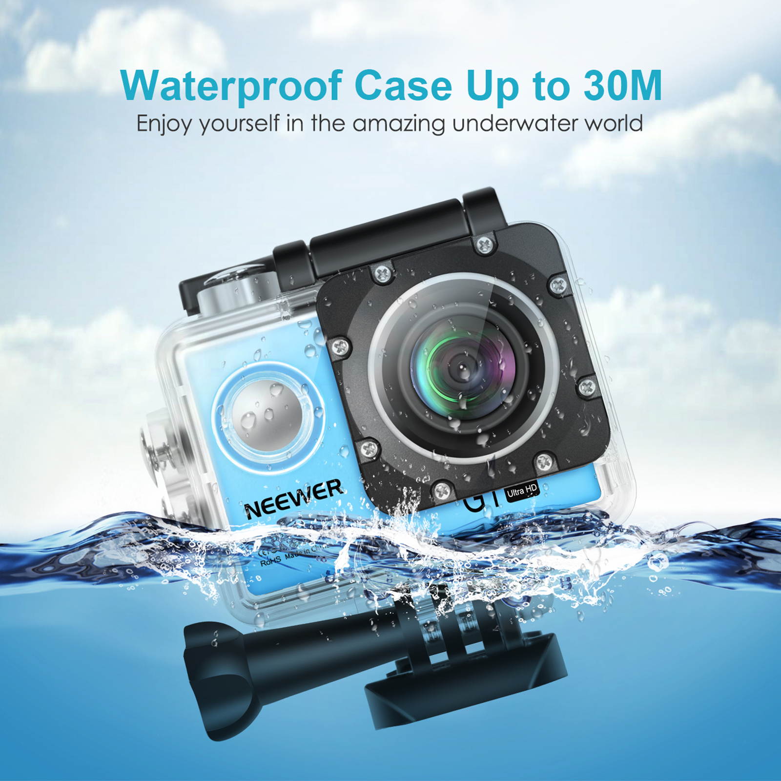Neewer G1 Ultra HD 4K Action Camera Kit (Blue): 98 ft Underwater Waterproof Cam 16MP 4K/30FPS 170 Degree Wide Angle WiFi Sport Cam High-tech Sensor with Remote/Battery and 50-in-1 Accessory Kit