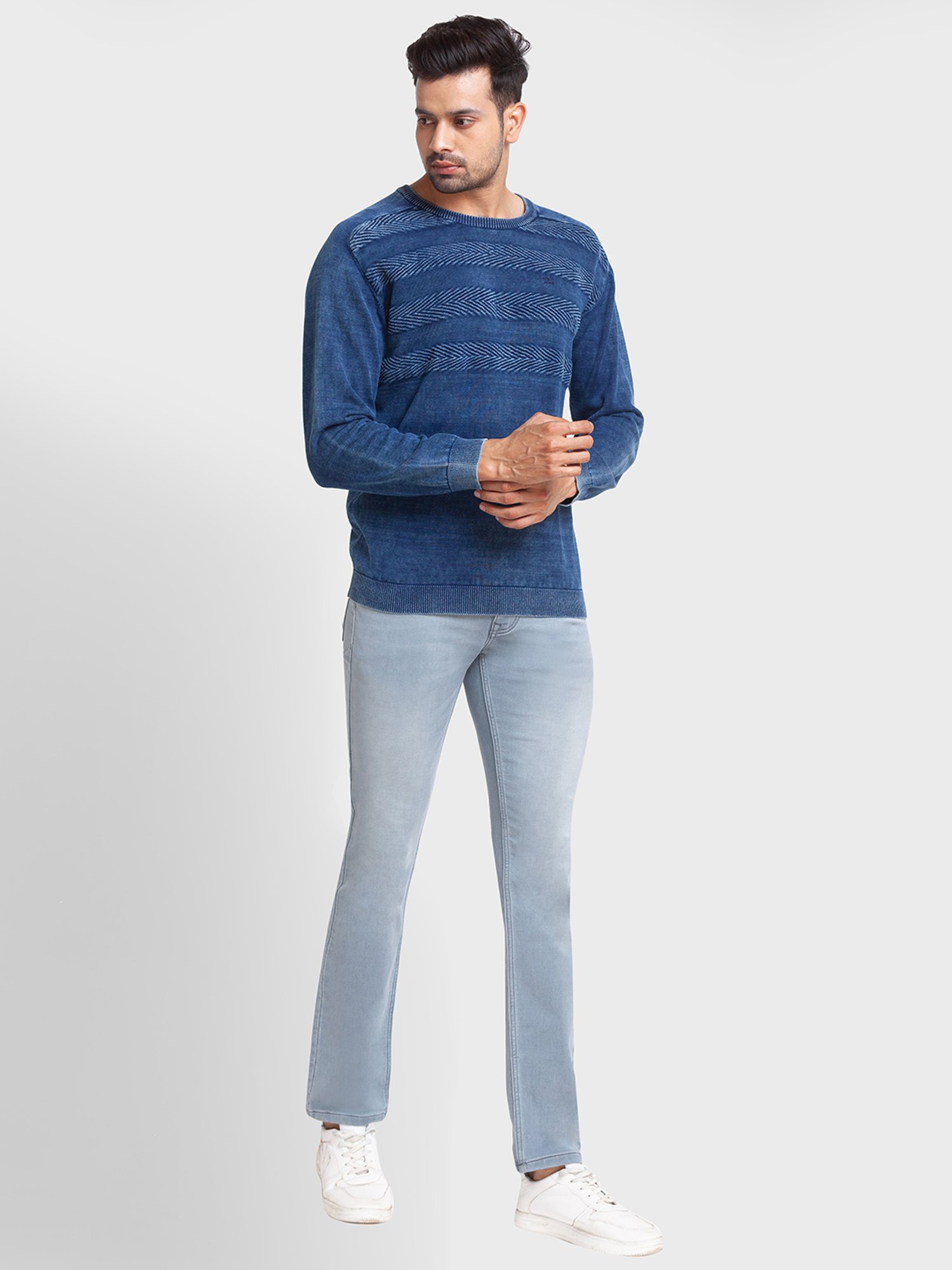 ColorPlus Blue Cotton Tailored Fit Self Pattern Sweaters