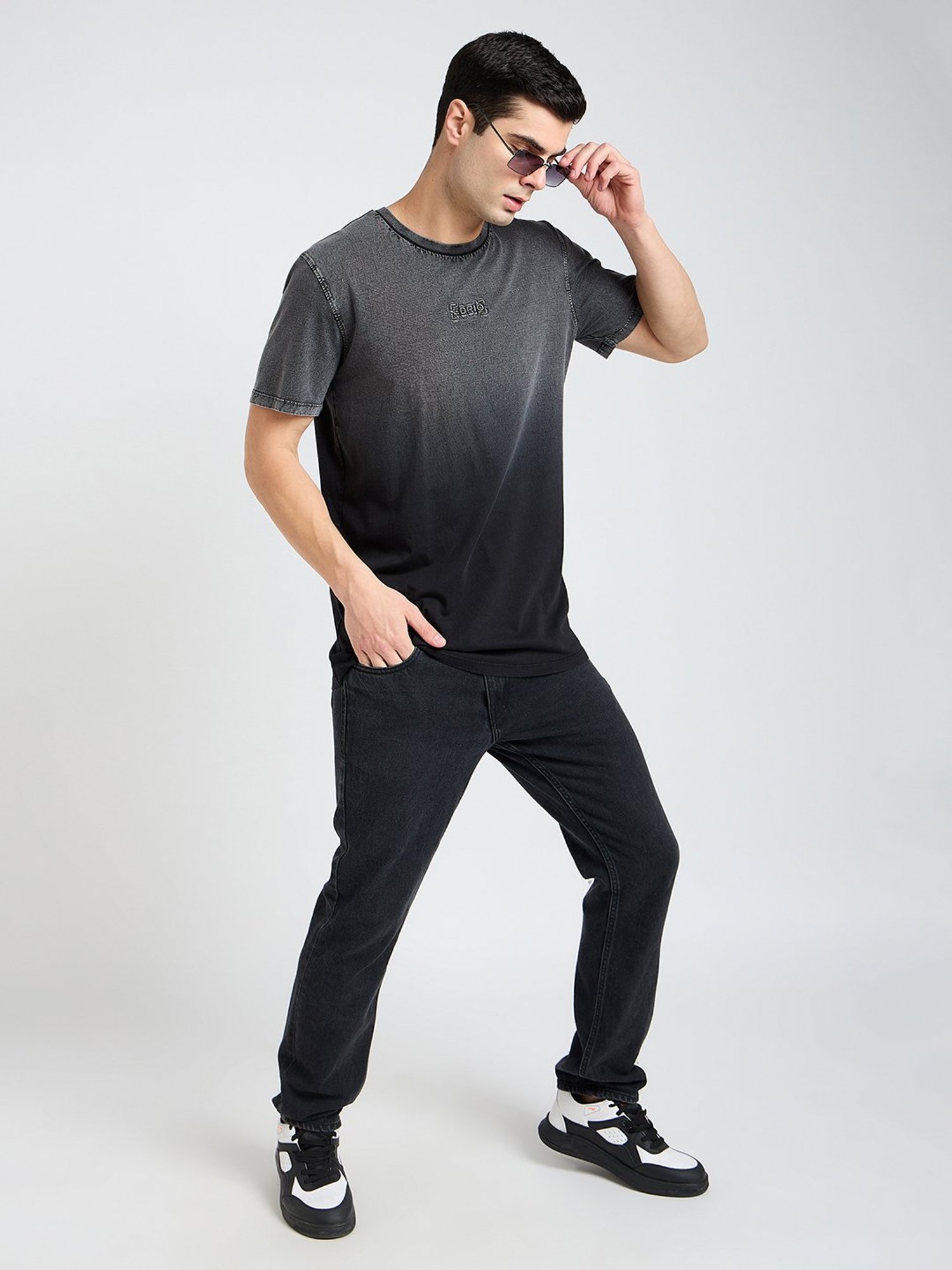 EDRIO Grey Regular Fit Self Design Crew T-Shirt