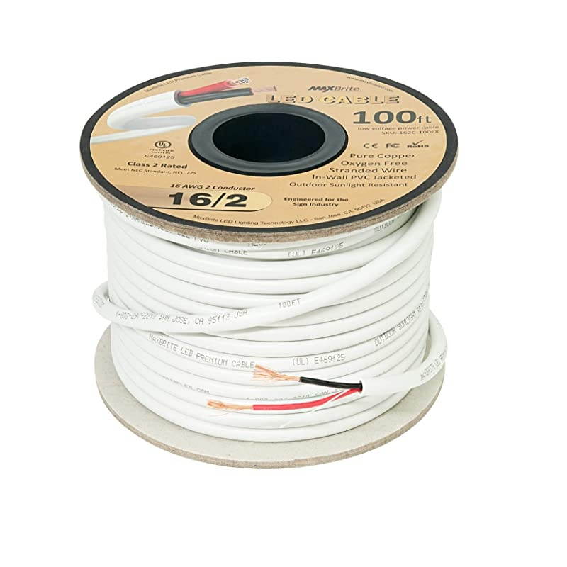 ft 16AWG Low Voltage LED Cable 2 Conductor Jacketed inWall Speaker Wire UL Class 2 Certified Sunlight Resistant