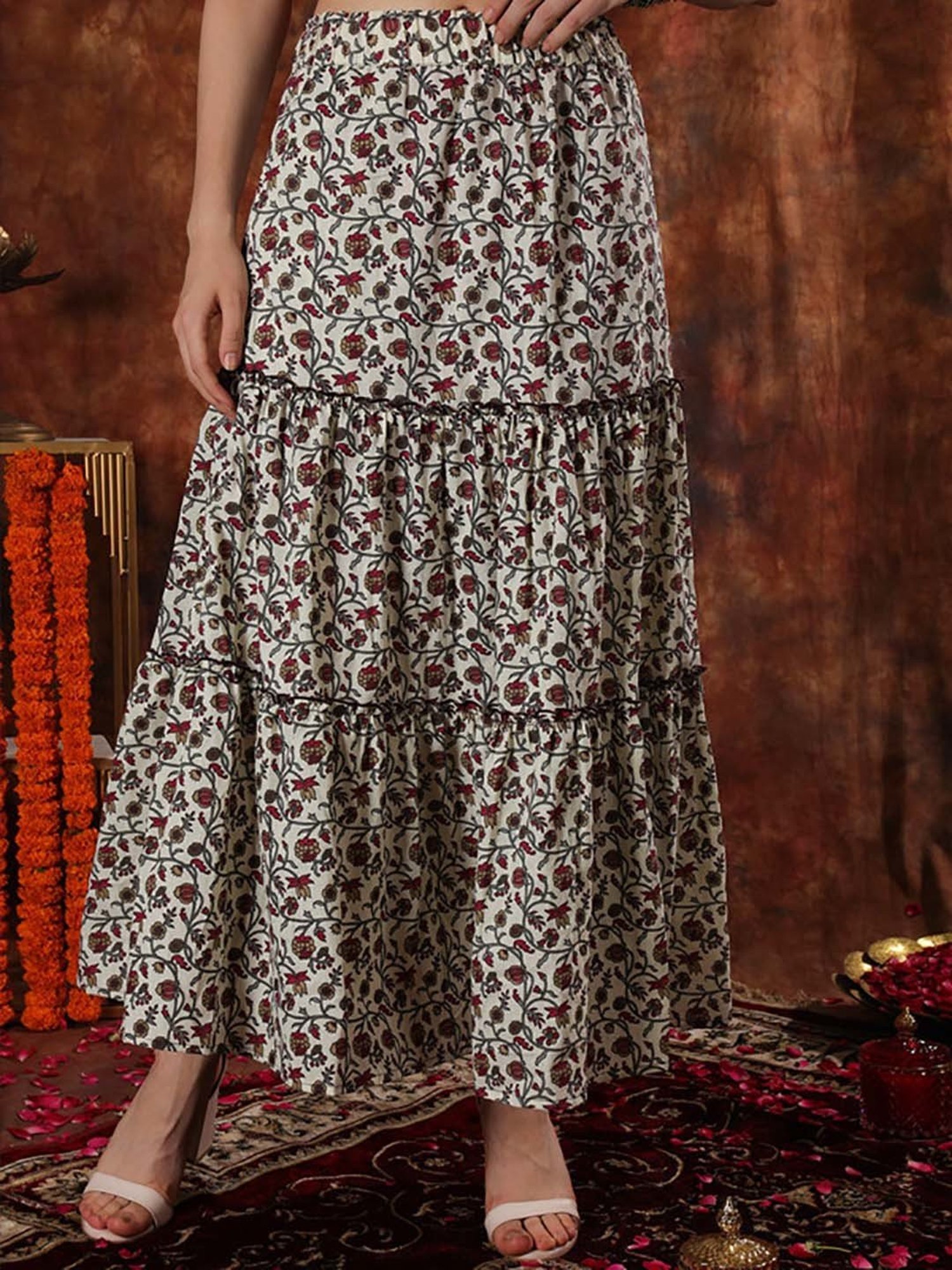 NEUDIS White & Brown Floral Print Maxi Skirt
