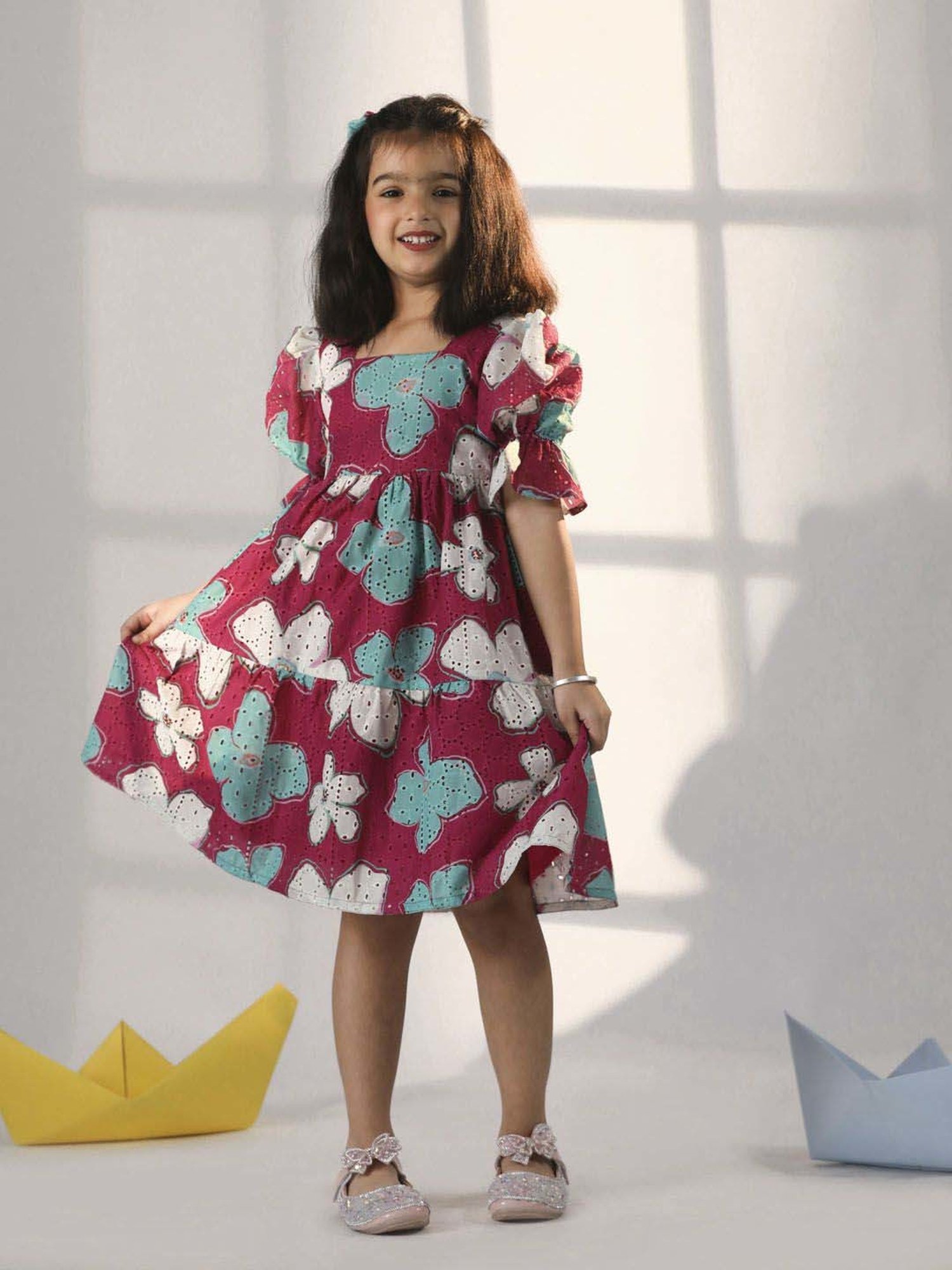 VASTRAMAY Girls Pink & Blue Floral Dresses