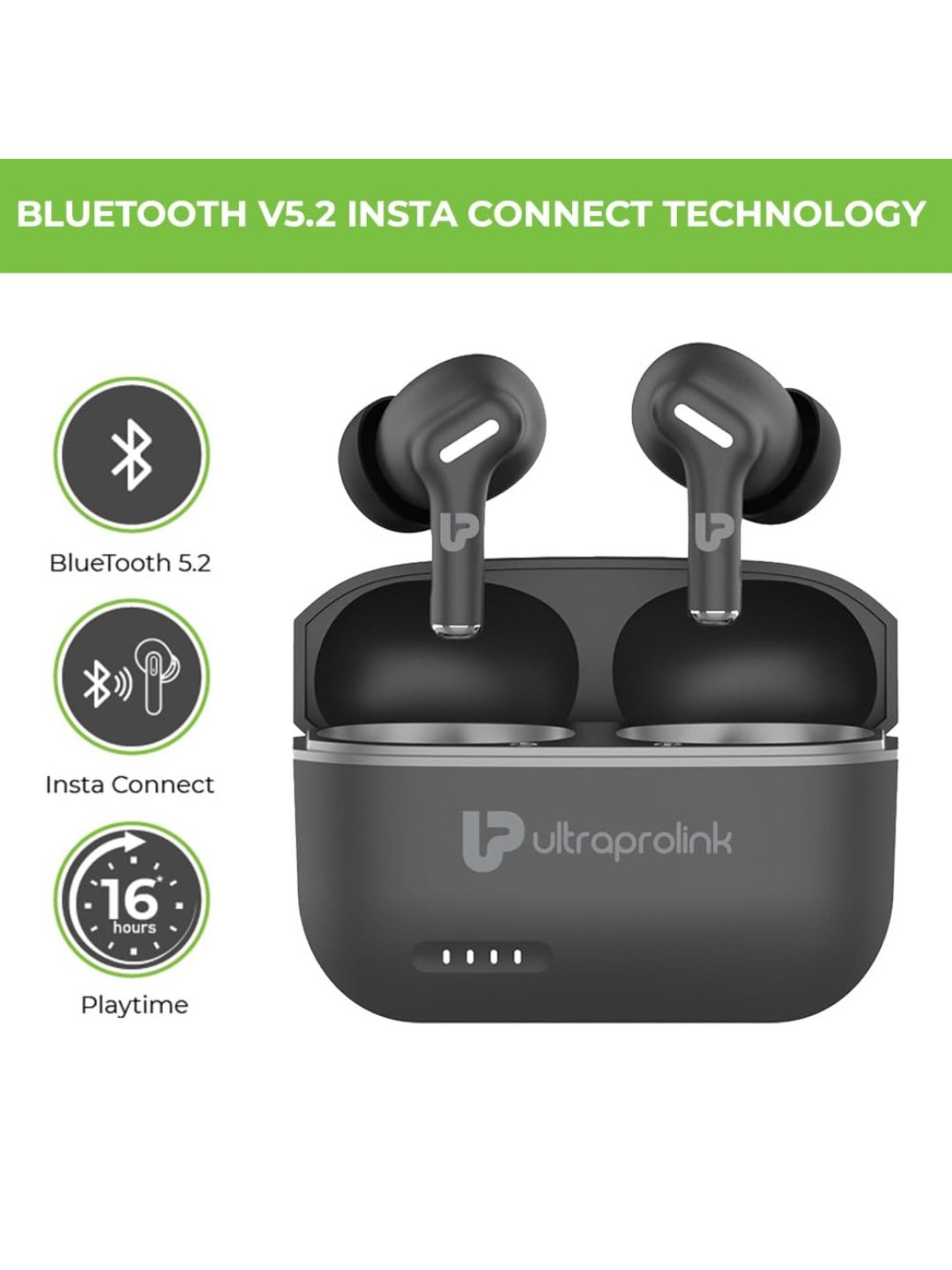 ULTRAPROLINK UM1145 Bluetooth Earbuds with AI ENC Quad Mic & 16H Playtime (Black, True Wireless)