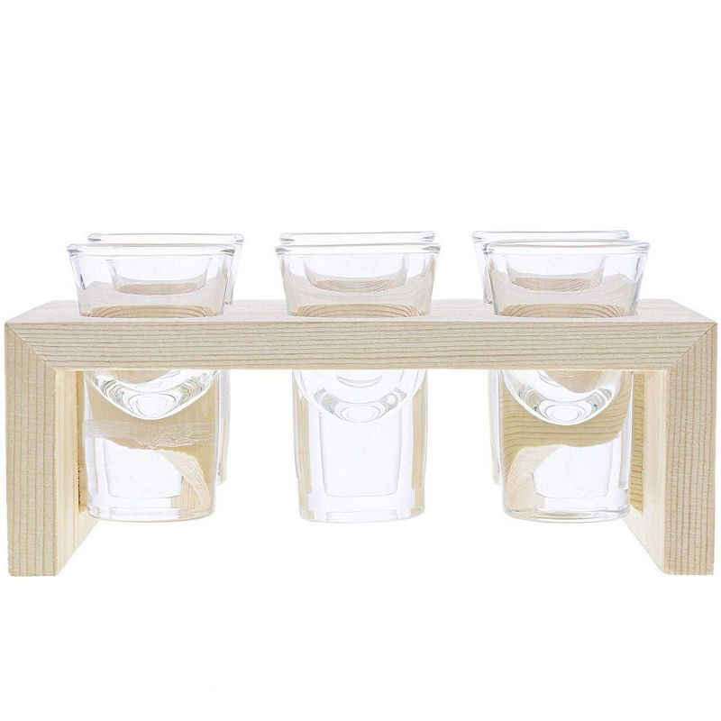 Juvale Wooden Shot Glass Server Tray Holder with 6 Shot Glasses (1 Oz) (7 x 5 x 2.5 In)