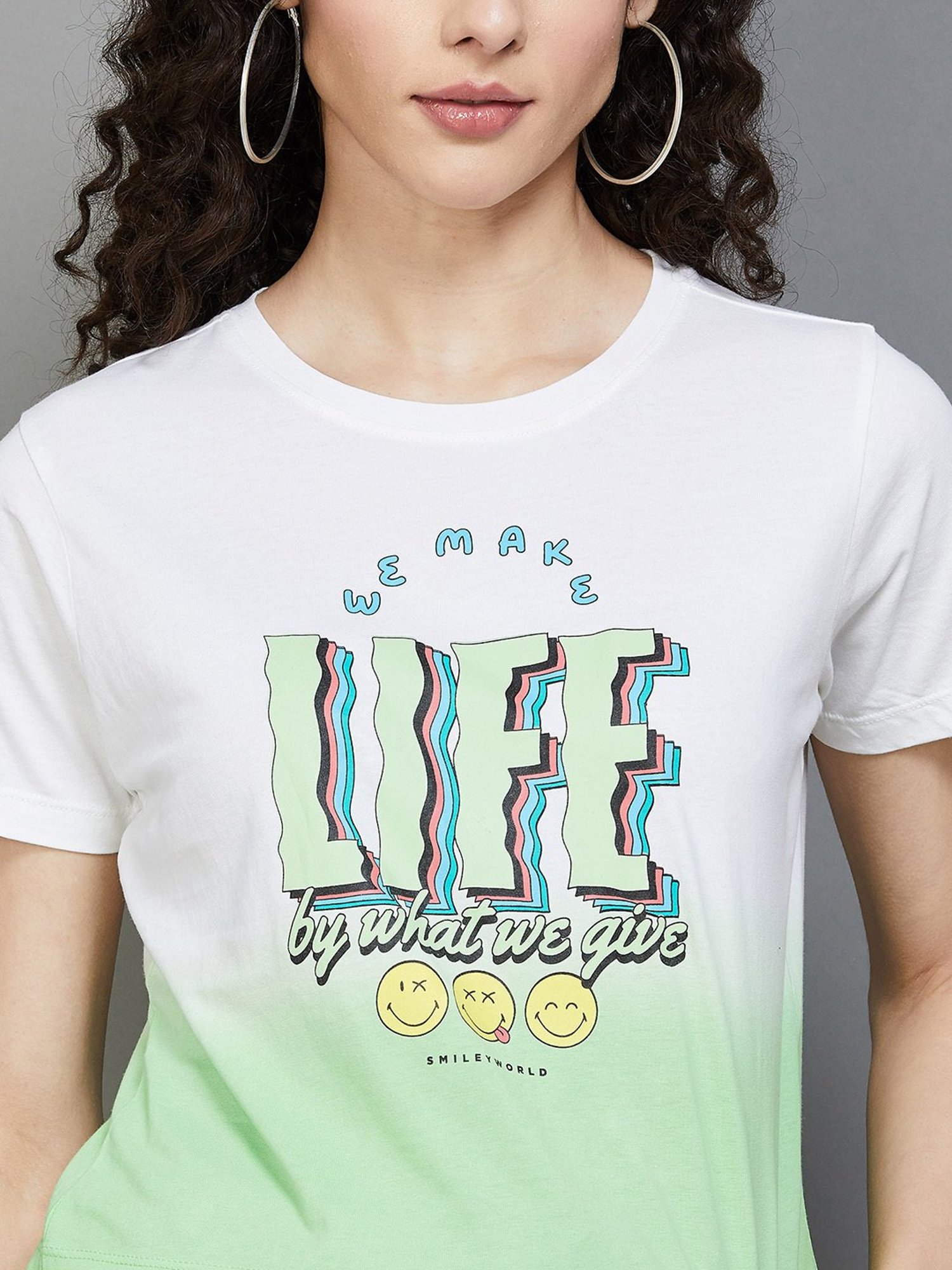 SmileyWorld Green & White Cotton Graphic Print T-Shirt