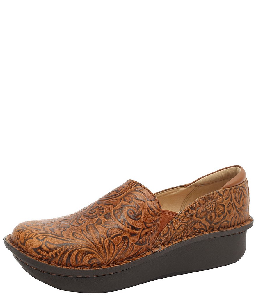 Alegria Debra Embossible Tawny Print Leather Clogs