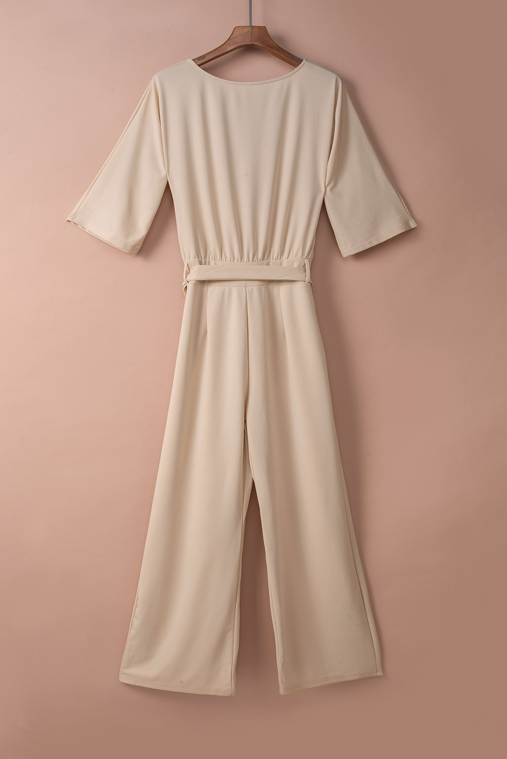 Rose Tan Solid Self Tied Straps Pleated Wide Leg Jumpsuit