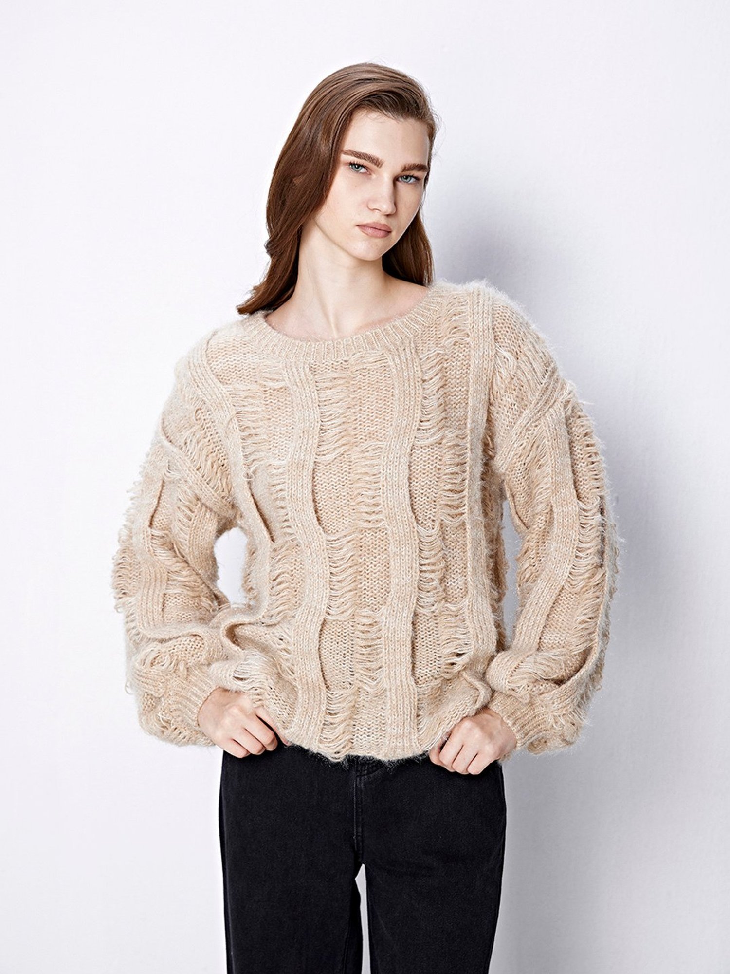Cover Story Beige Self Design Sweater