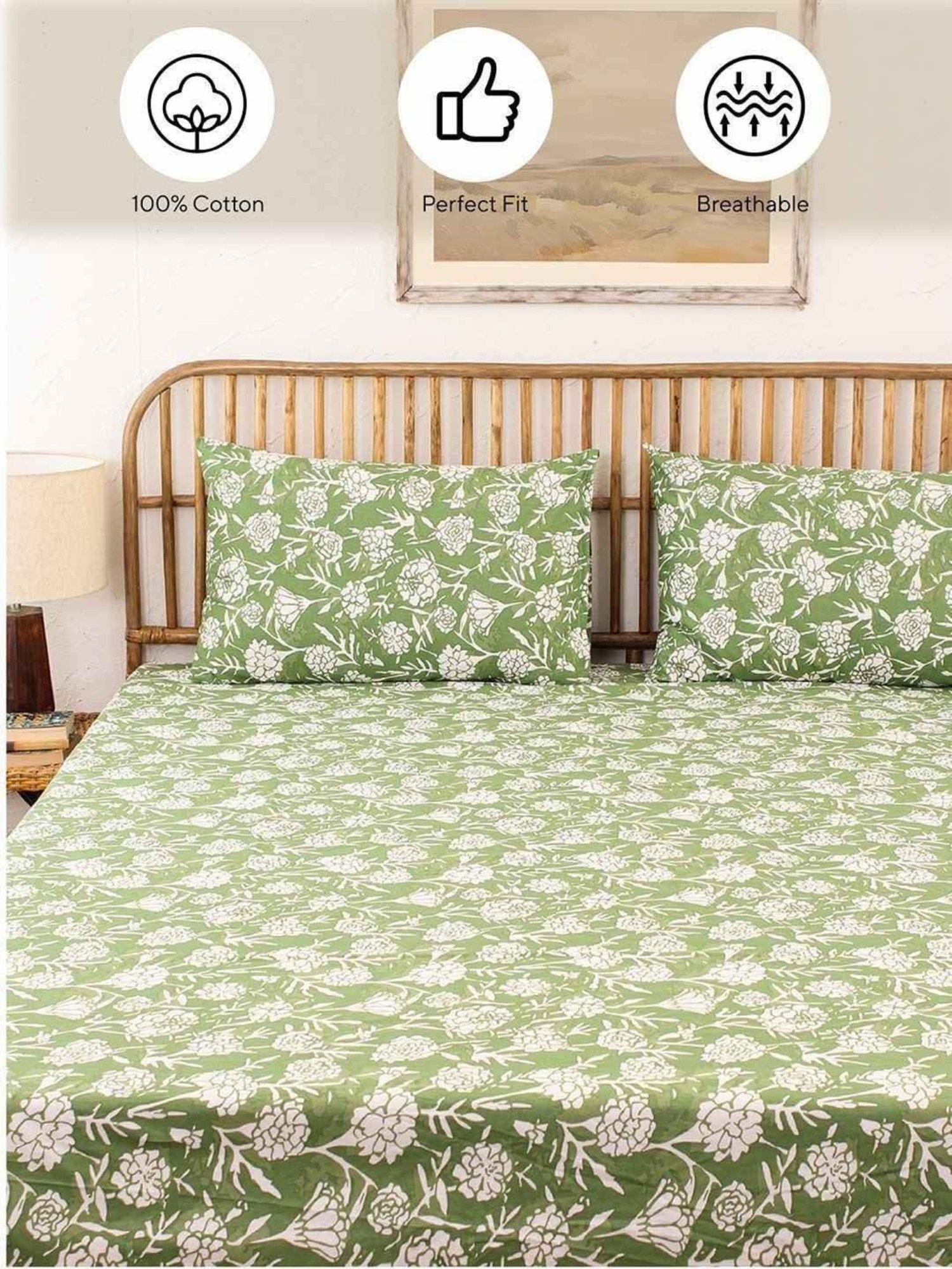 House This Genda Phool Green Cotton 144 TC Pillows - Set of 2