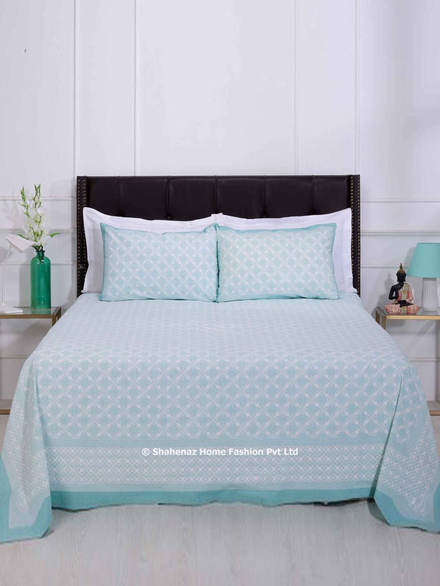 Shahenaz Blue 120 TC Cotton Gayatri Infinity Flower Luxury Double Bedsheet with 2 Pillow Covers