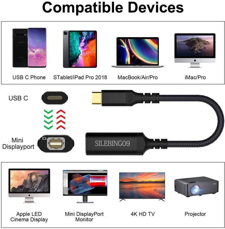 USB C to Mini DisplayPort Adapter SILEBING09 USB C(Thunderbolt 3) to Mini DP Adaptor 4K@60Hz USB 3.1 Type-C to Mini DP Adapter for iPad Pro 2018 MacBook 2017 Samsung S10(No Thunderbolt 2)