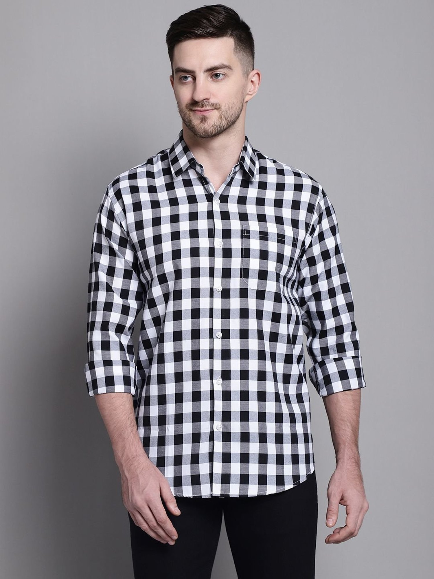 Jainish Black Cotton Regular Fit Checks Shirt