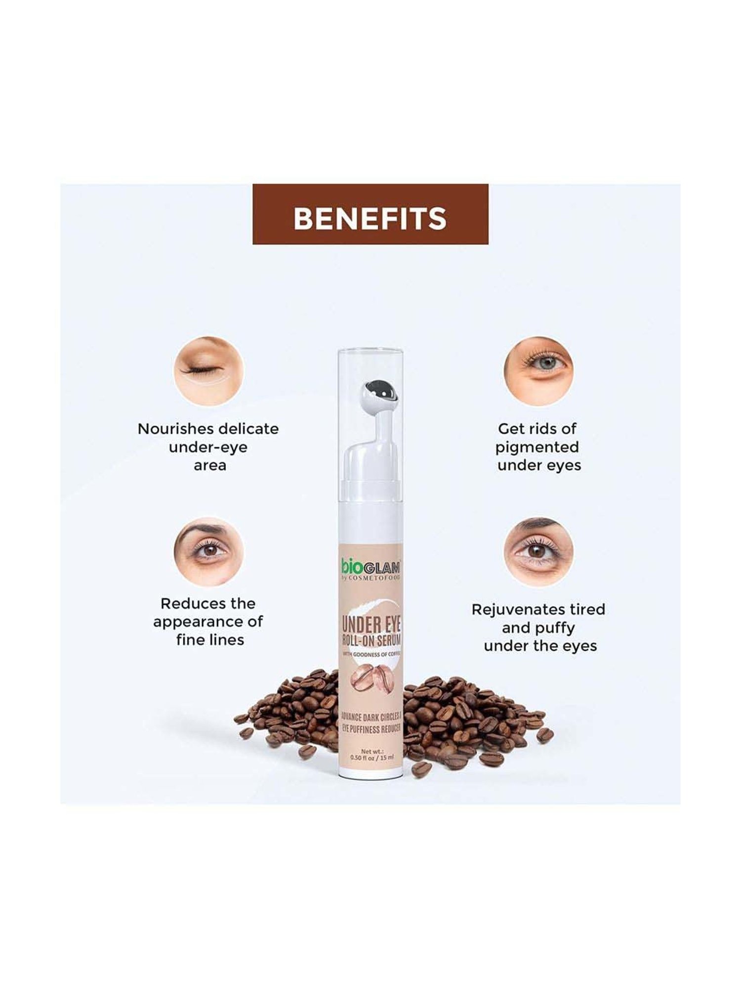 Cosmetofood Bioglam Under Eye Roll On Serum for Advance Dark Circles & Eye Puffiness Reducer - 15 ml