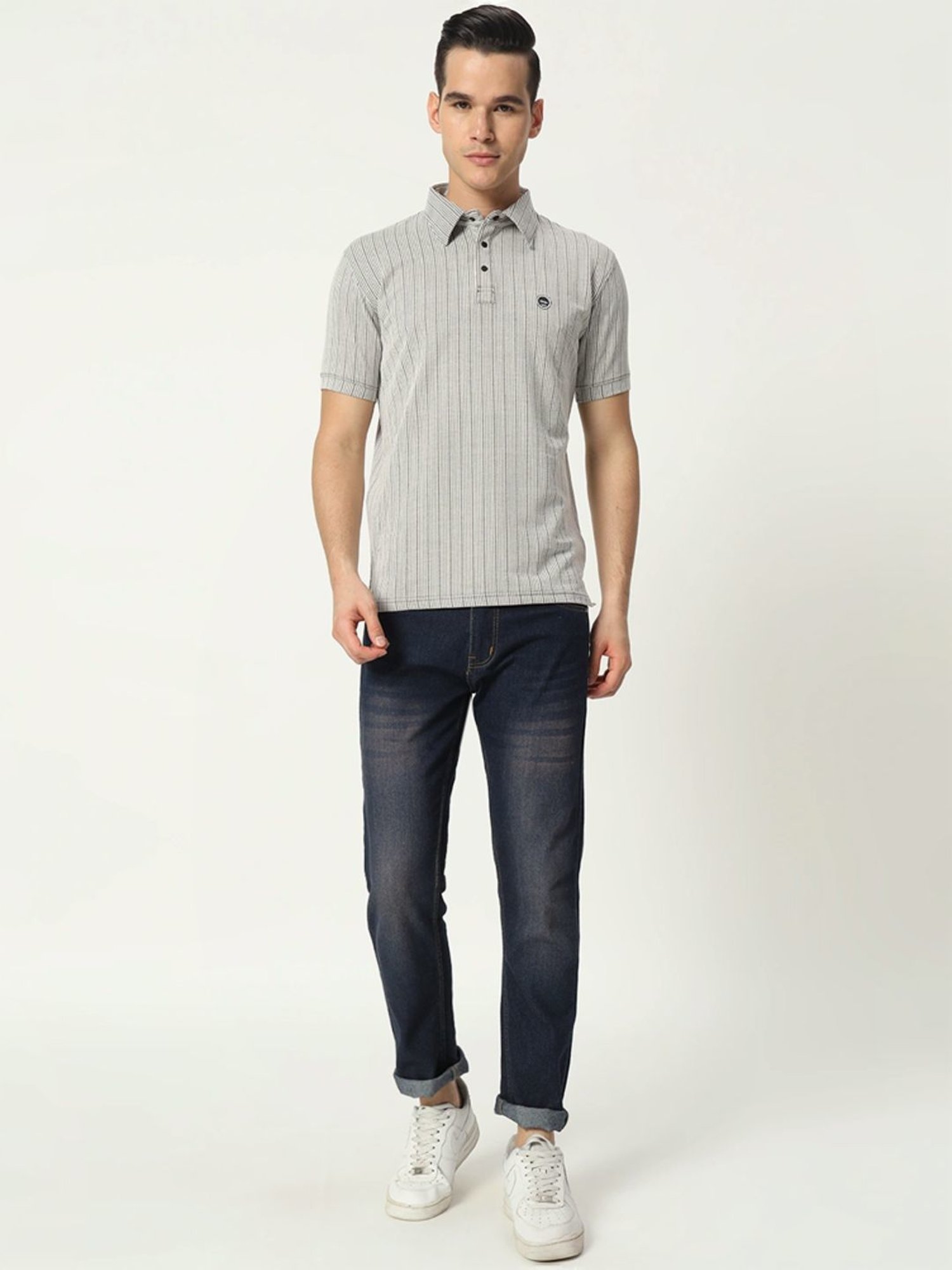 Tab91 Silver Regular Fit Striped Polo T-Shirts