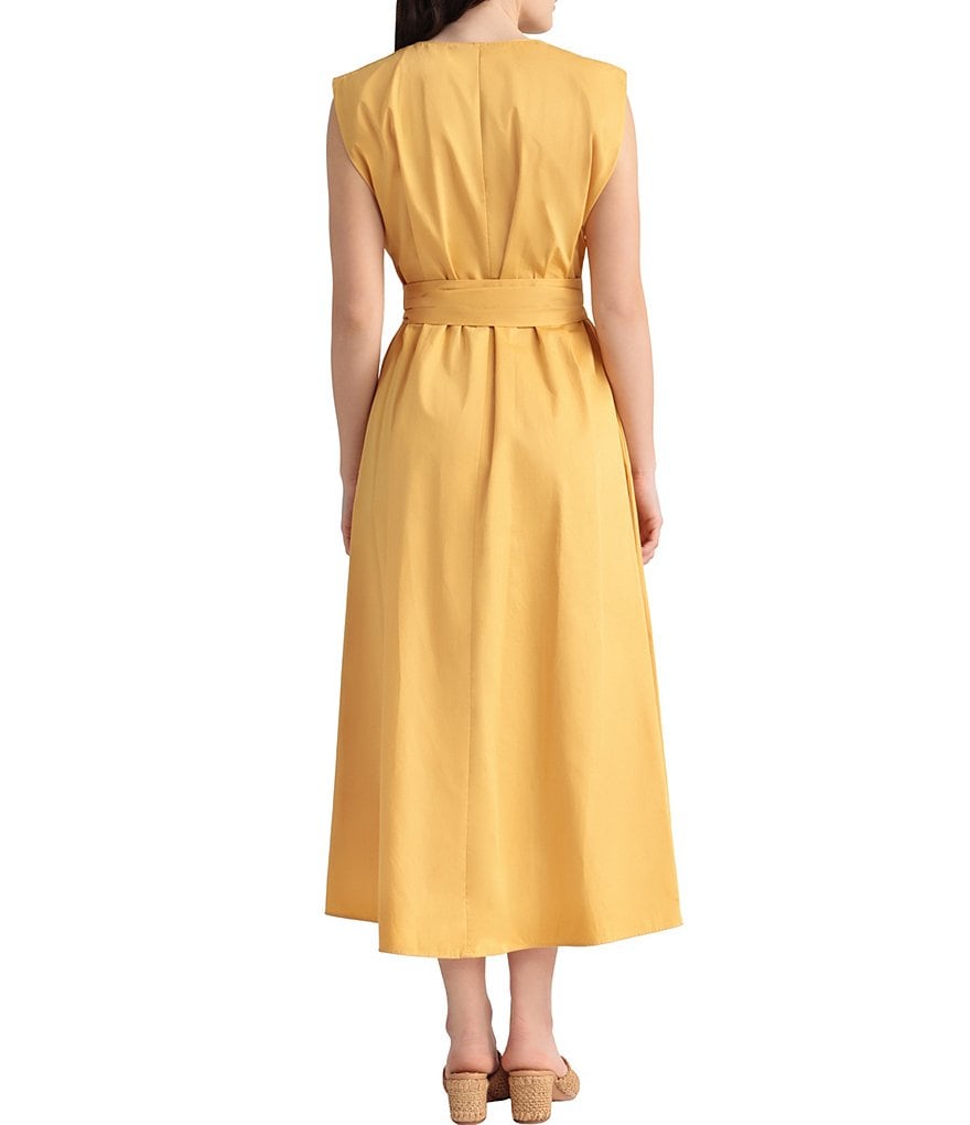 Maggy London V-Neck Tie Waist Cotton Poplin Midi Dress