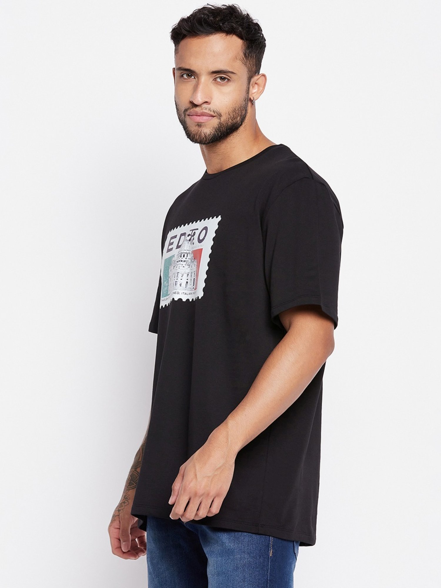 Edrio Black Cotton Relaxed Fit Printed T-Shirt