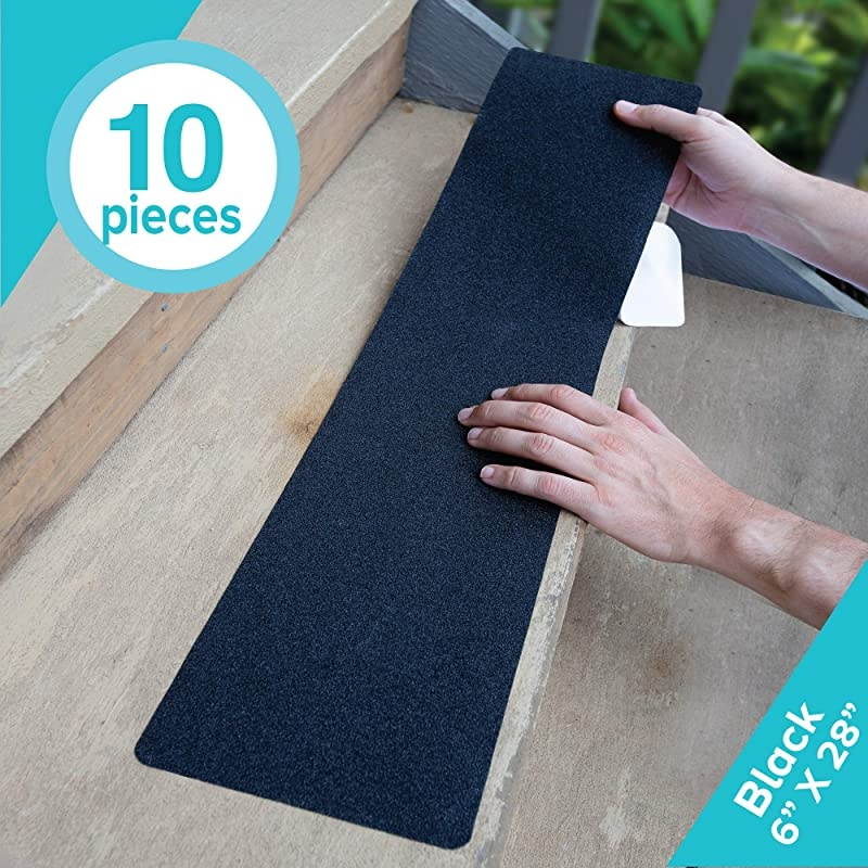 Anti Slip Traction Treads with Reflective Stripe 10Pack 4 X 28 Best Grip Tape Grit Non Slip Outdoor Non Skid Tape High Traction Friction Abrasive Adhesive for Stairs Step Black