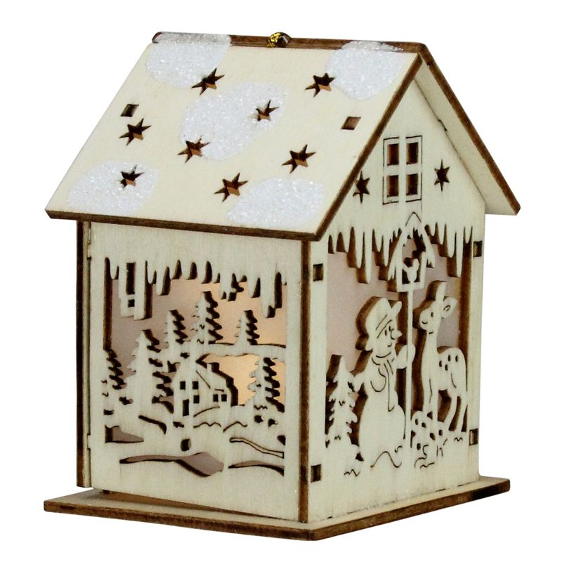 Diva At Home 3.75" Lighted Cut Wooden House with Snowman Hanging Christmas Ornament