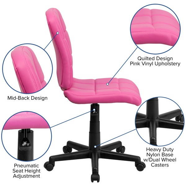 Mid-Back Pink Quilted Vinyl Swivel Task Chair