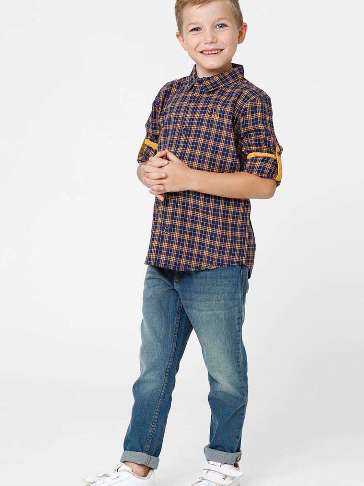 Kate & Oscar Kids Navy & Yellow Cotton Chequered Full Sleeves Shirt