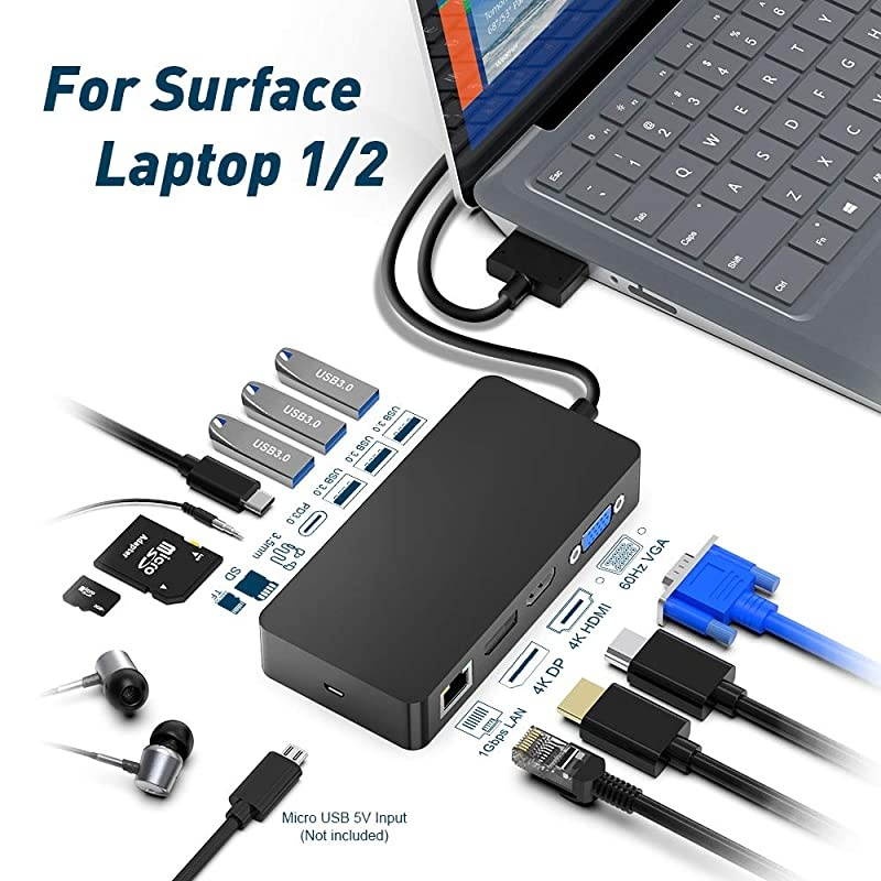 Multifunction Dock Adapter for Surface Laptop 12  12in1 hub Adapter with 4K HDMI VGA DP RJ45 LAN Port 3 USB 305Gbps SDTFUSB C Sync Port 35mm Audio Out Port Micro USB Charging