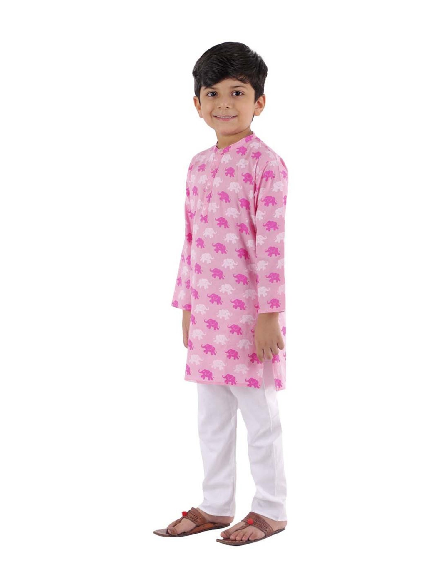 Ahhaaaa Kids Pink & White Cotton Printed Kurta Set