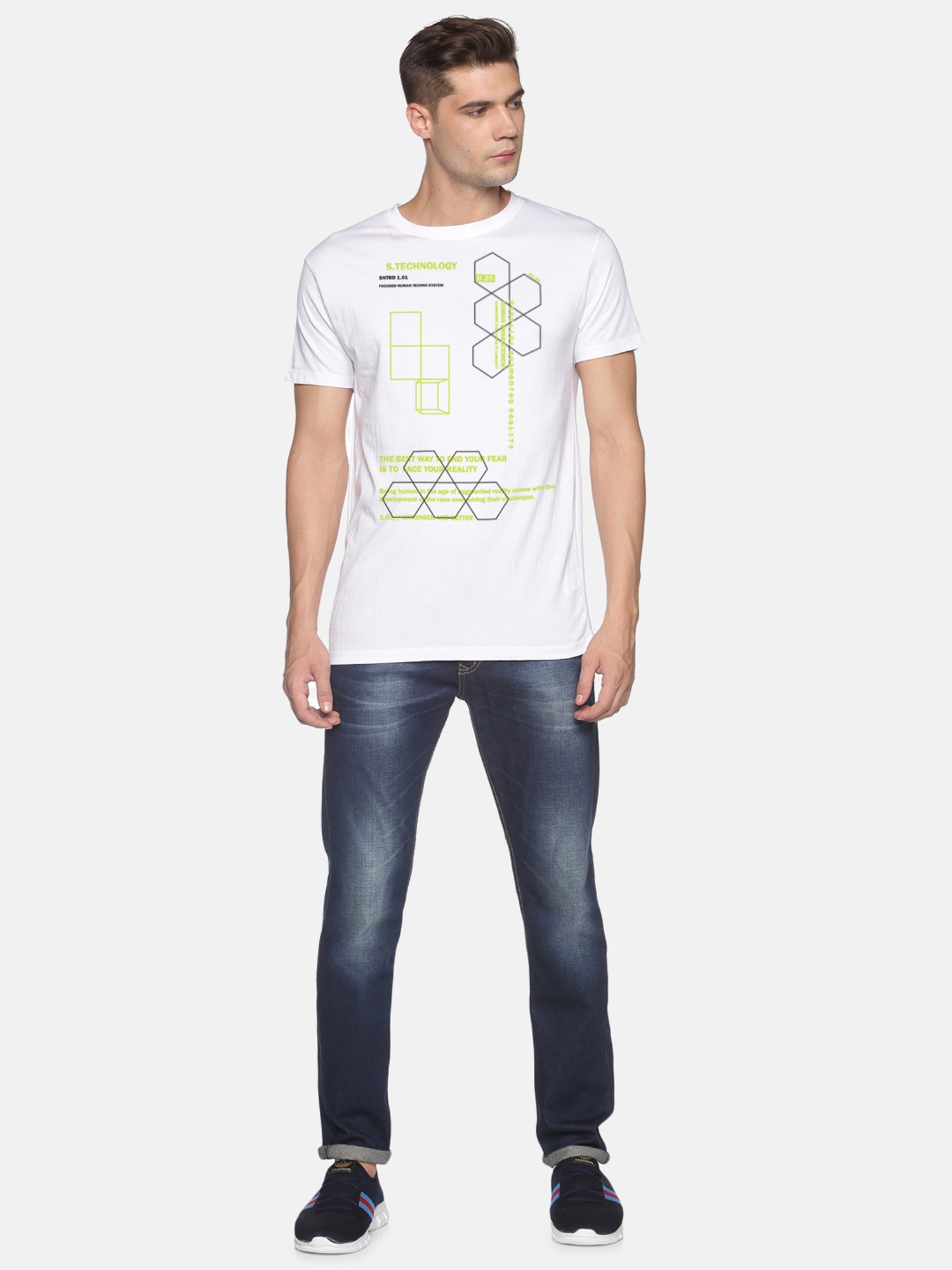 BLACK RADIO White Slim Fit Printed Cotton Crew T-Shirt