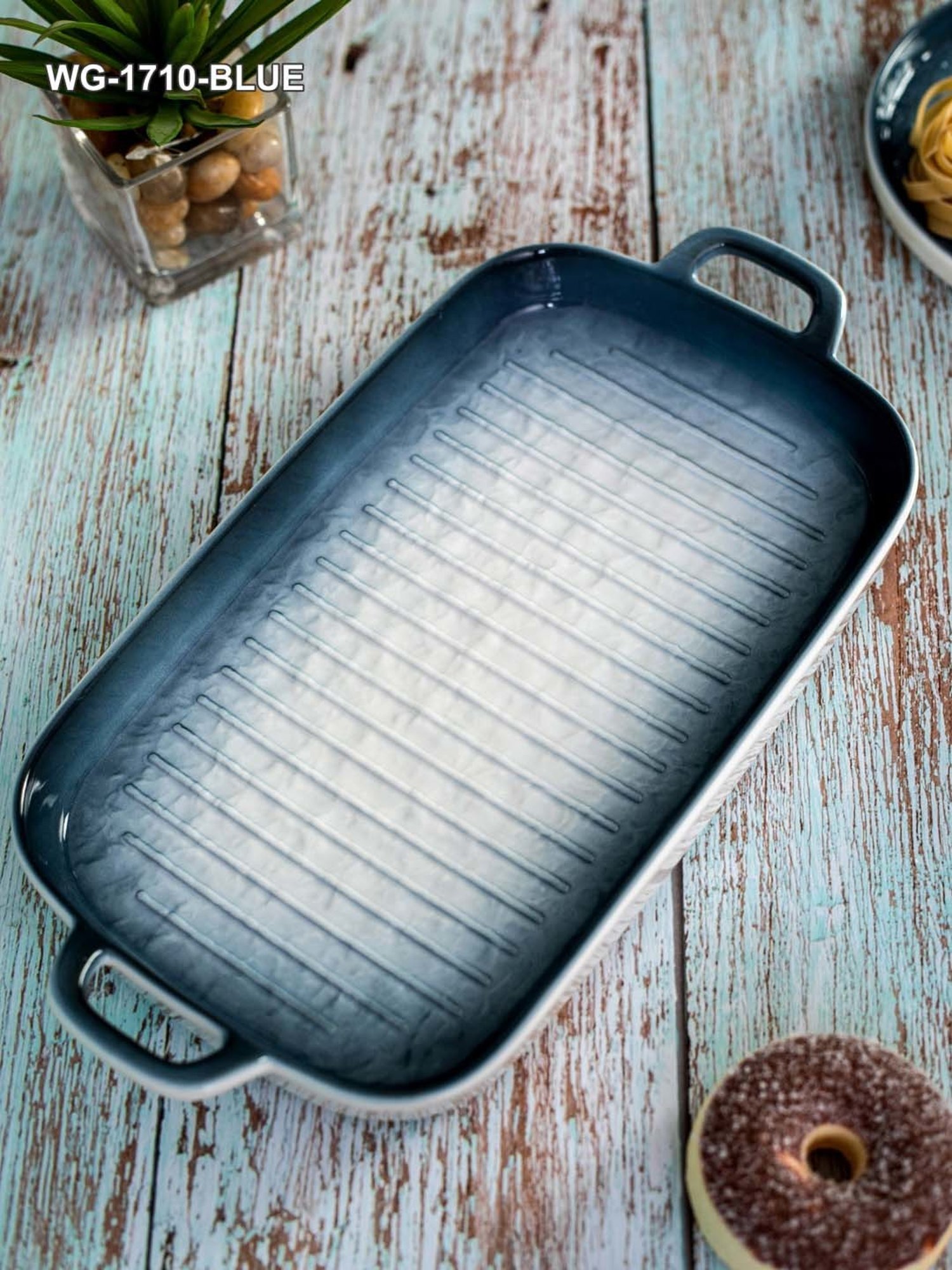 White Gold White & Blue Porcelain Rectangle Serving Platter With Handle