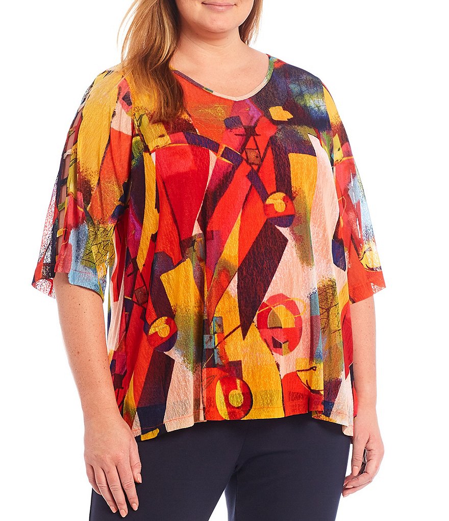 Ali Miles Plus Size 3/4 Ladder Sleeve V-Neck Abstract Print Onion Skin Blouse