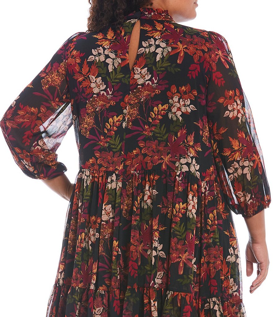 Maison Tara Plus Size Floral Ruffle Mock Neck Long Sleeve Chiffon Tiered Trapeze Dress
