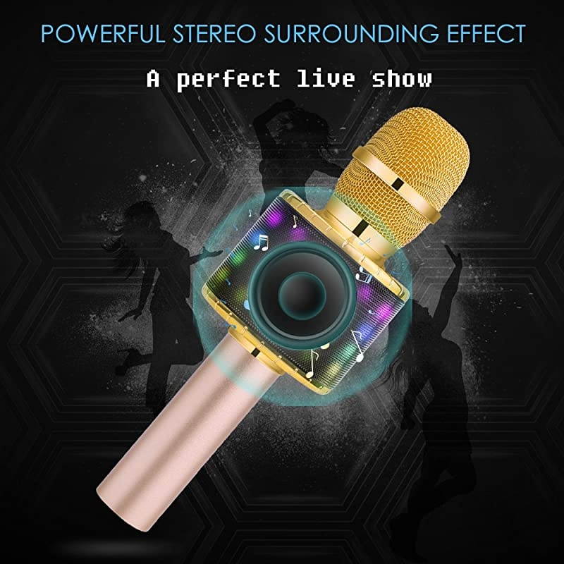 Bluetooth Wireless Microphone with Controllable LED Lights Portable Handheld Karaoke Speaker Machine Birthday Home Party for AndroidiPhonePC or All Smartphone