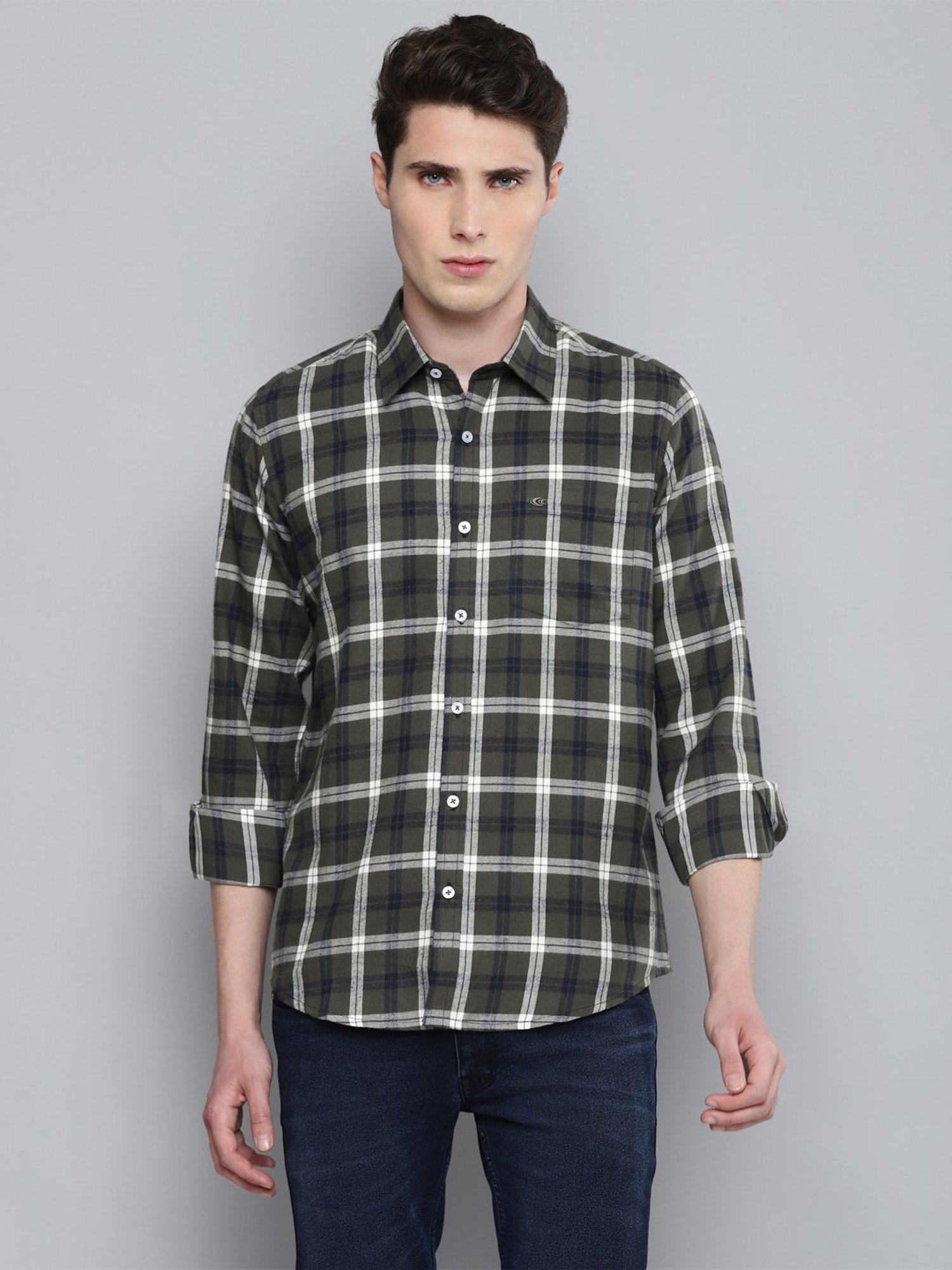 Allen cooper Olive Regular Fit Checks Shirt