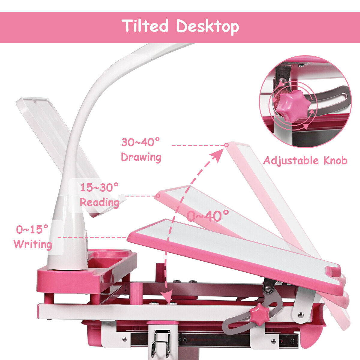 Height Adjustable Kids Desk Chair Set Study Drawing w/Lamp & Bookstand Pink