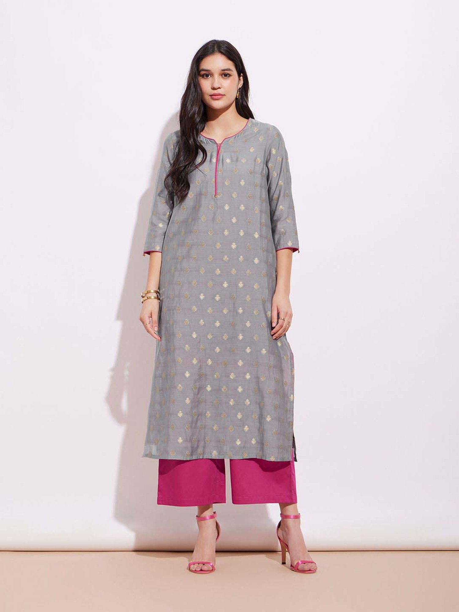 Pink Fort Grey Woven Pattern Straight Kurta